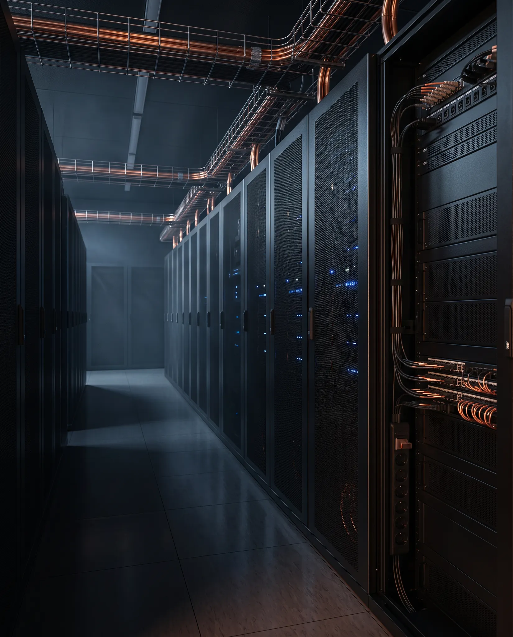 Illustrative data center aisle with rows of server equipment
