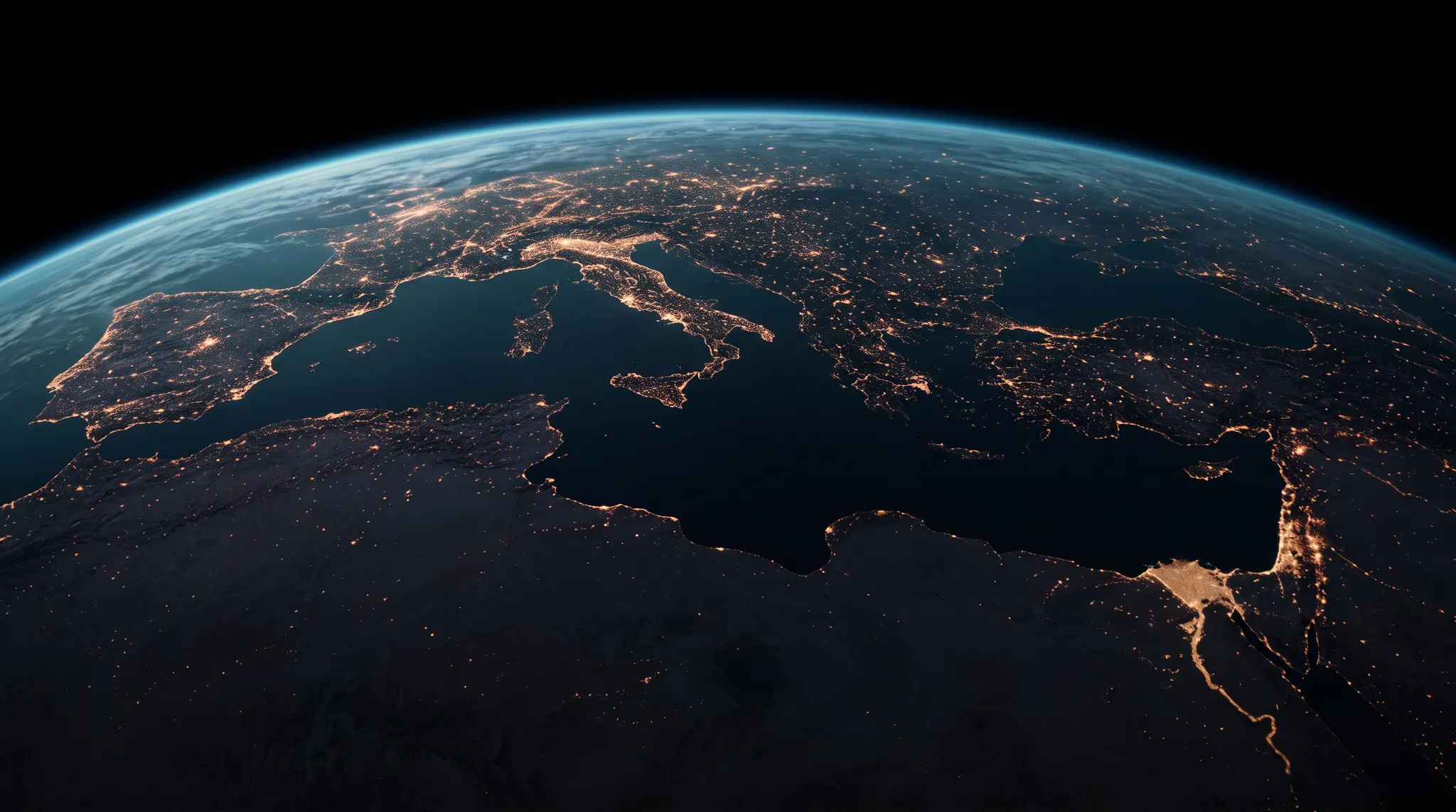 Illustrative orbital view of the Mediterranean and North Africa at night