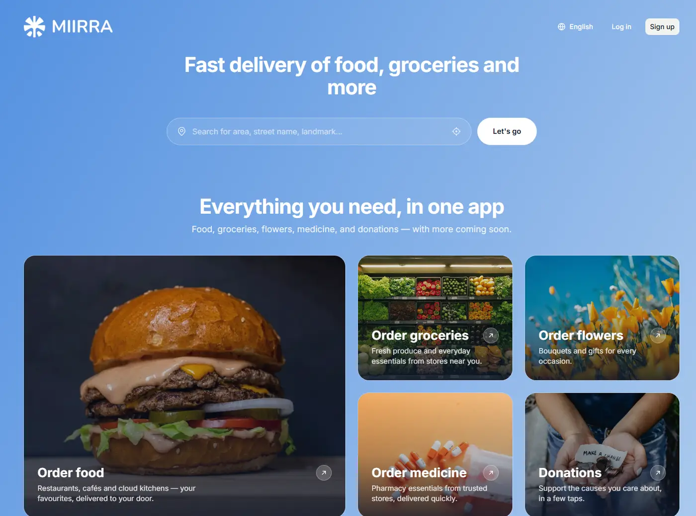 Screenshot of the Miirra app — fast delivery of food, groceries and more, with one-tap ordering for food, groceries, flowers, medicine and donations